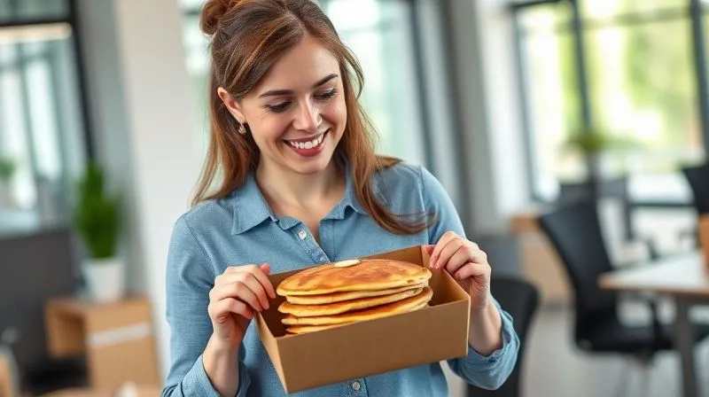 Photorealistic image of a smiling woman (Anna) opening her lunchbox to reveal perfect, fresh oat pancakes, in a modern office environment. Natural light, professional photography, 8K, cinematic lighting, sharp focus, depth of field, shot on a high-end DSLR.