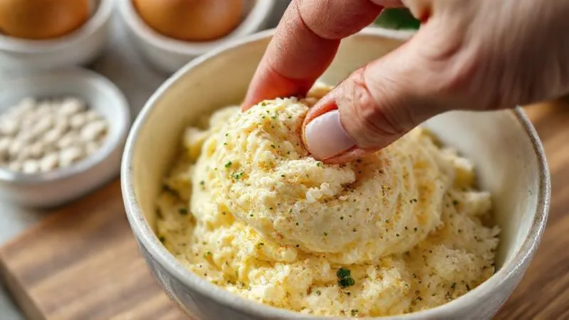 A close-up, photorealistic, professional photography, 8K image of a bowl of perfectly mixed keto egg cutlet mass, showing the texture of finely chopped eggs, almond flour, and herbs. A hand is gently pressing a portion of the mass to demonstrate its ideal, firm consistency. Cinematic lighting, sharp focus on the mass, depth of field blurring the kitchen background, shot on a high-end DSLR. The image conveys readiness and quality.