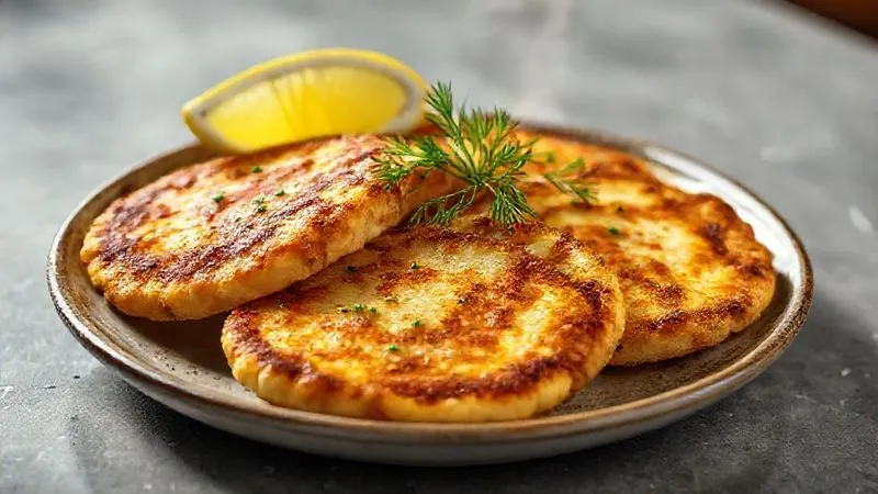 A photorealistic, professional photography, 8K image of a beautifully arranged plate of golden-brown keto egg cutlets, perfectly intact and garnished with fresh dill and a lemon wedge. The cutlets are steaming slightly, indicating warmth and freshness. The background is softly blurred, focusing on the appealing texture and vibrant colors of the dish. Cinematic lighting, sharp focus, depth of field, shot on a high-end DSLR. The image evokes culinary triumph and deliciousness.