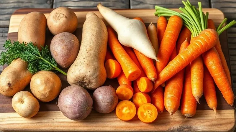 A vibrant assortment of fresh, raw root vegetables (sweet potatoes, parsnips, celeriac, carrots) artfully arranged on a rustic wooden cutting board, with natural light highlighting their textures. Photorealistic, professional photography, 8K, cinematic lighting, sharp focus, depth of field, shot on a high-end DSLR.