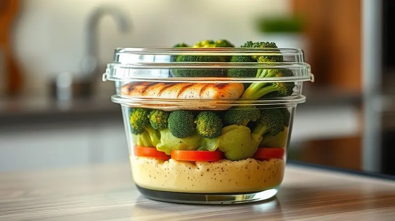 A meticulously packed, transparent glass lunchbox, showcasing layers of a smooth vegetable puree at the bottom, topped with grilled chicken and roasted broccoli, all neatly arranged. The lunchbox is sealed and ready, on a modern kitchen counter. Photorealistic, professional photography, 8K, cinematic lighting, sharp focus, depth of field, shot on a high-end DSLR.