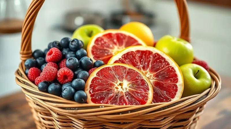 Photorealistic, professional photography, 8K, cinematic lighting, sharp focus, depth of field. A bountiful wooden basket overflowing with a colorful assortment of low-glycemic fruits: vibrant blueberries, ripe raspberries, fresh green kiwi, ruby red grapefruit, and crisp green apples. The fruits are glistening with tiny water droplets, suggesting freshness. The background is a rustic kitchen counter with soft, natural light.