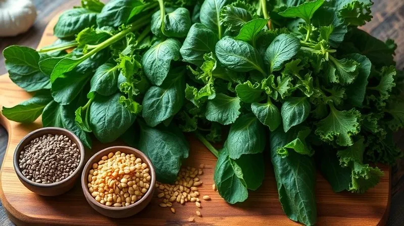 Photorealistic, professional photography, 8K, cinematic lighting, sharp focus, depth of field. A vibrant assortment of leafy greens like spinach, kale, and rocket, artfully arranged on a rustic wooden cutting board. Next to them, small bowls contain various seeds: golden flax seeds, tiny black chia seeds, and light green hemp seeds. The scene is bathed in natural light, emphasizing freshness and health.