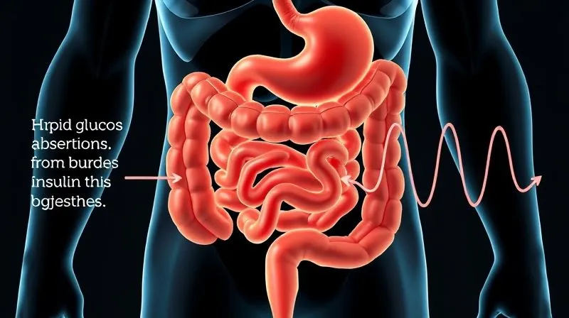 A photorealistic diagram showing a simplified human digestive system with arrows indicating rapid glucose absorption from the intestine into the bloodstream, followed by a large insulin spike from the pancreas, depicted as a wave. Professional medical illustration style, clear and informative, 8K, cinematic lighting, sharp focus.