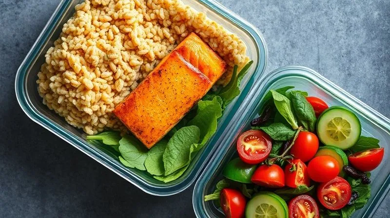 A vibrant, photorealistic overhead shot of a healthy meal prep container, divided into sections. One section contains whole-grain couscous, another grilled salmon, and a large section filled with colorful mixed greens, cherry tomatoes, and cucumber. Bright, natural lighting, sharp focus, 8K, shot on a high-end DSLR, conveying freshness and balance.