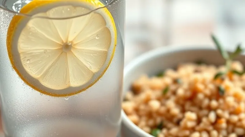 A photorealistic close-up of a glass of water with a slice of lemon, condensation on the glass, next to a small bowl of whole-grain couscous with herbs. Soft, natural light, sharp focus on the water glass, depth of field blurring the background, 8K, professional food photography, conveying freshness and health.