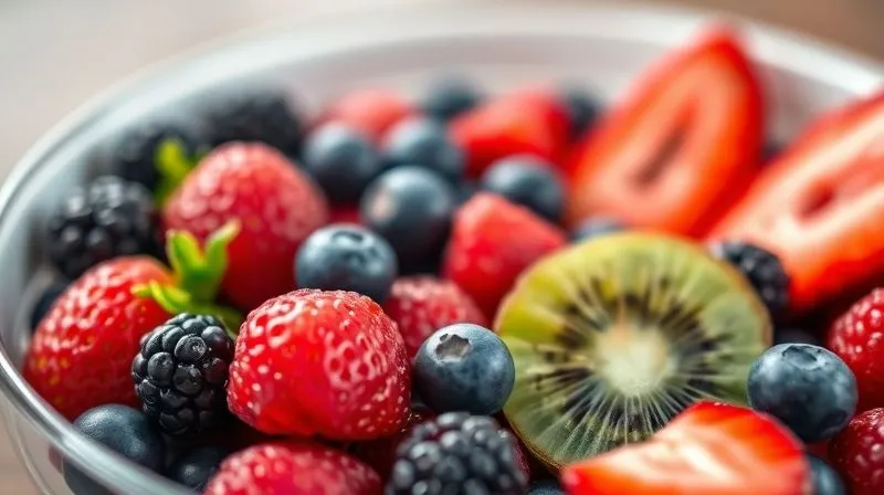A close-up, photorealistic image of a colorful bowl filled with fresh mixed berries (strawberries, blueberries, raspberries) and a small amount of sliced kiwi, with a measuring cup clearly visible next to it, emphasizing portion control. Cinematic lighting, sharp focus on the fruit, depth of field blurring the background, 8K, shot on a high-end DSLR.