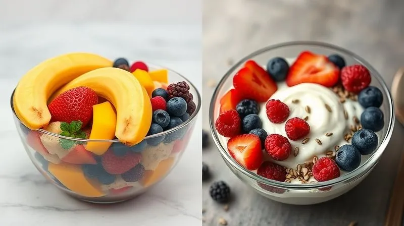 A photorealistic, side-by-side comparison image: on the left, an overly large, colorful fruit bowl dominated by high-sugar fruits like bananas and mango, with minimal other ingredients, looking appealing but unbalanced. On the right, a smaller, perfectly balanced fruit bowl with berries, Greek yogurt, and seeds, radiating health and satiety. Cinematic lighting, sharp focus on both bowls, depth of field, 8K, shot on a high-end DSLR.