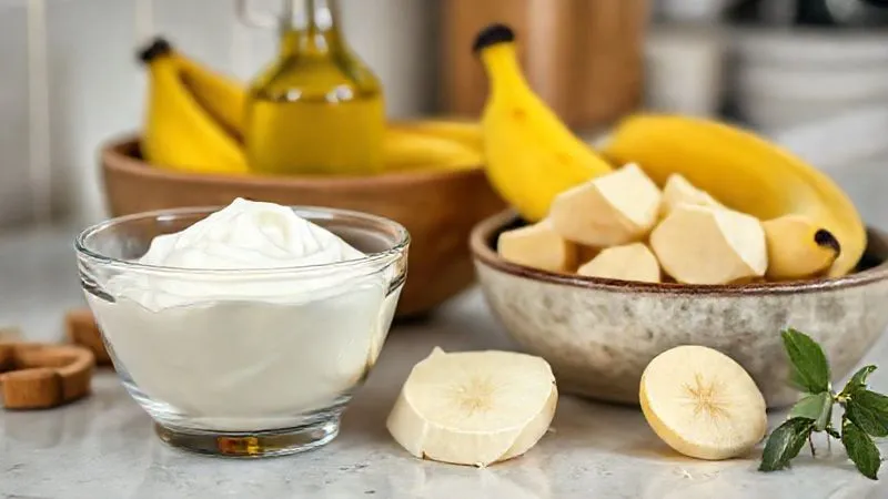 Photorealistic image of a glass bowl filled with rich, creamy Greek yogurt, next to a bowl of mashed ripe bananas and a bottle of high-quality vegetable oil. All ingredients are ready for baking, with soft, diffused cinematic lighting, sharp focus on the ingredients, depth of field blurring a clean kitchen counter, 8K hyper-detailed, shot on a high-end DSLR.