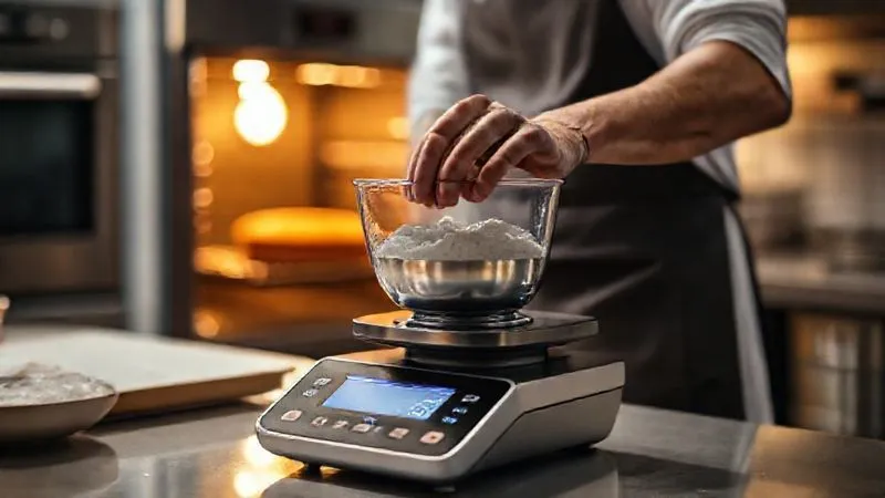 Photorealistic image of a professional kitchen with a baker carefully weighing ingredients on a digital scale. The focus is on the scale and the baker's precise movements, with soft, ambient cinematic lighting. In the background, an oven door is slightly ajar, showing a golden-brown cake. 8K hyper-detailed, sharp focus on the scale, depth of field blurring the background, shot on a high-end DSLR.