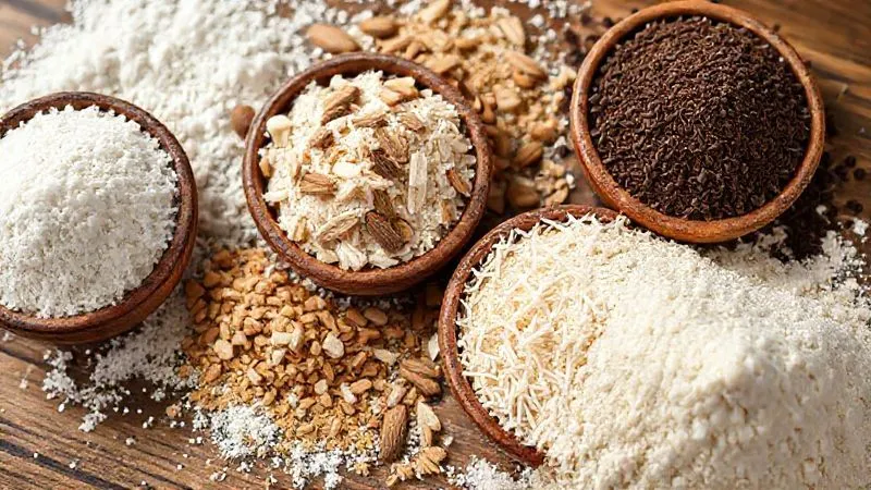 A vibrant, photorealistic flat lay image showcasing a variety of gluten-free flours: bright white rice flour, earthy almond flour, finely shredded coconut flour, and dark buckwheat flour. Each flour is in a small, rustic ceramic bowl. Cinematic lighting highlights the textures, sharp focus on the flours, depth of field blurring a wooden table background, 8K hyper-detailed, shot on a high-end DSLR.