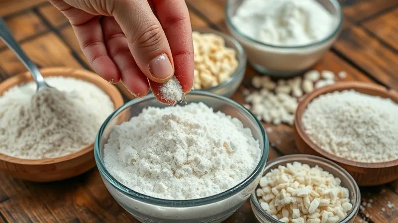 Photorealistic close-up of various gluten-free flours (almond flour, coconut flour, rice flour, tapioca starch) artfully arranged in small bowls on a rustic wooden table, each with a distinct texture, under soft, natural light. A hand gently sprinkles a pinch of almond flour into a bowl. 8K, cinematic lighting, sharp focus, depth of field, shot on a high-end DSLR, evoking a sense of culinary precision.