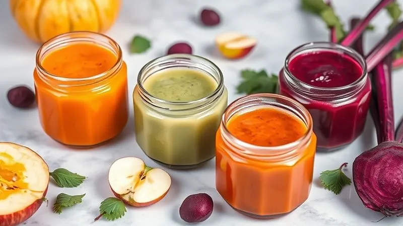 A vibrant, photorealistic still life of various healthy purees: bright orange pumpkin puree, light green unsweetened apple sauce, and rich purple beet puree, artfully arranged in small glass jars on a white marble surface. Fresh ingredients like pumpkin slices, apples, and beets are scattered around, bathed in soft, diffused light. 8K, cinematic lighting, sharp focus, depth of field, shot on a high-end DSLR, emphasizing freshness and natural goodness.