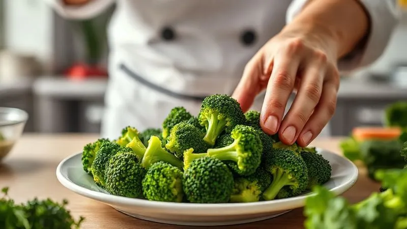 Photorealistic, professional photography, 8K, cinematic lighting, sharp focus, depth of field shot of a chef's hands carefully arranging vibrant green, perfectly steamed broccoli florets on a white plate, ready to be served. The background shows a modern, clean kitchen with other fresh vegetables, emphasizing healthy cooking methods.