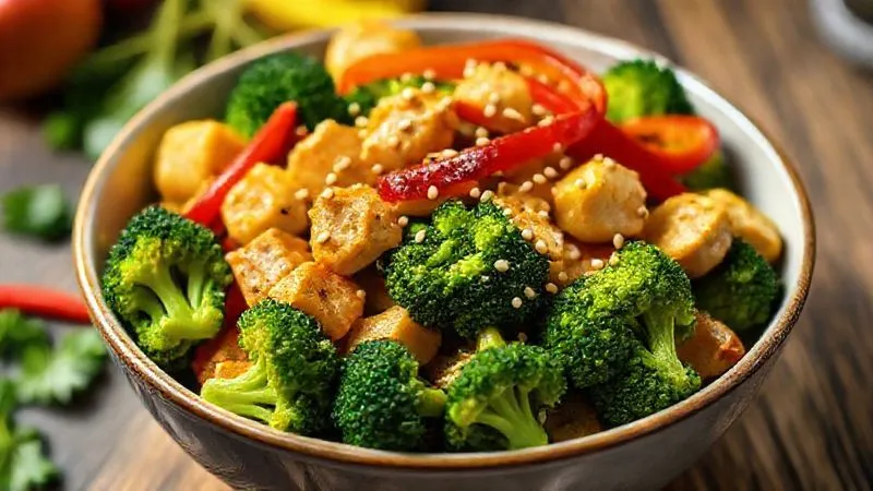 Photorealistic, professional photography, 8K, cinematic lighting, sharp focus, depth of field shot of a vibrant, healthy vegan stir-fry dish featuring bright green broccoli florets, cubed tofu, and colorful bell peppers, garnished with sesame seeds, served in a modern bowl. The scene evokes freshness and deliciousness.