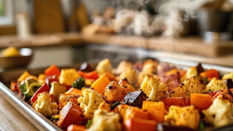 Photorealistic, professional photography, 8K, cinematic lighting, sharp focus, depth of field, shot on a high-end DSLR of a baking sheet filled with vibrant, colorful roasted root vegetables and cauliflower florets, slightly caramelized, steam gently rising, ready to be pureed. The background is a blurred, warm kitchen setting.