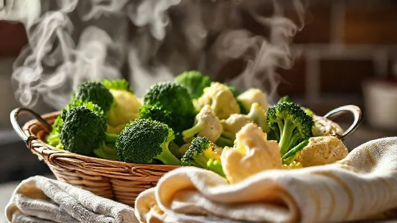 Photorealistic, professional photography, 8K, cinematic lighting, sharp focus, depth of field, shot on a high-end DSLR of a steaming basket filled with vibrant, freshly steamed broccoli and cauliflower, with visible steam rising. In the foreground, a stack of clean kitchen towels and a colander, ready for the next step of drying.