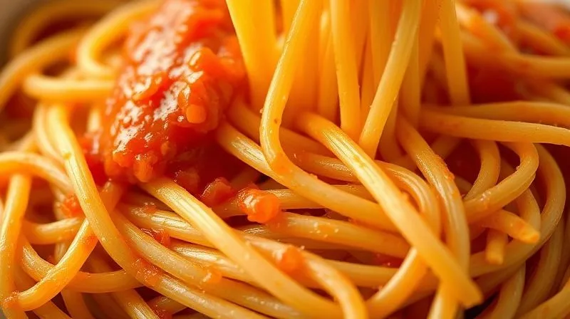 A close-up shot of whole wheat pasta being gently tossed with a vibrant, light tomato-based sauce, ensuring every strand is coated. The sauce looks fresh and slightly glossy. photorealistic, professional photography, 8K, cinematic lighting, sharp focus, depth of field, shot on a high-end DSLR.