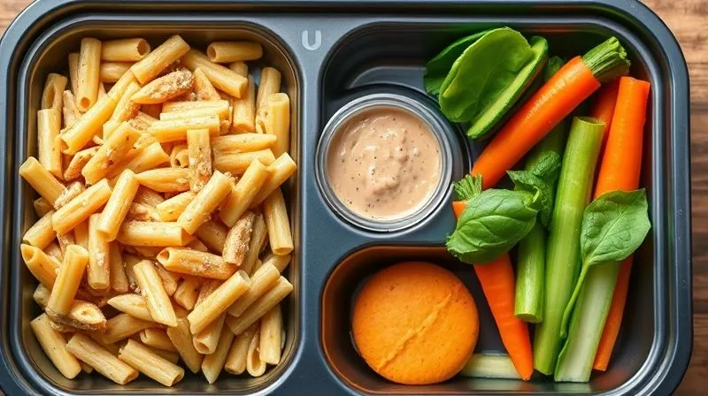 A neatly packed multi-compartment lunchbox, with whole wheat pasta in one section, a small container of dressing/sauce in another, and fresh, crisp vegetables in a third. The overall impression is organized and appealing. photorealistic, professional photography, 8K, cinematic lighting, sharp focus, depth of field, shot on a high-end DSLR.