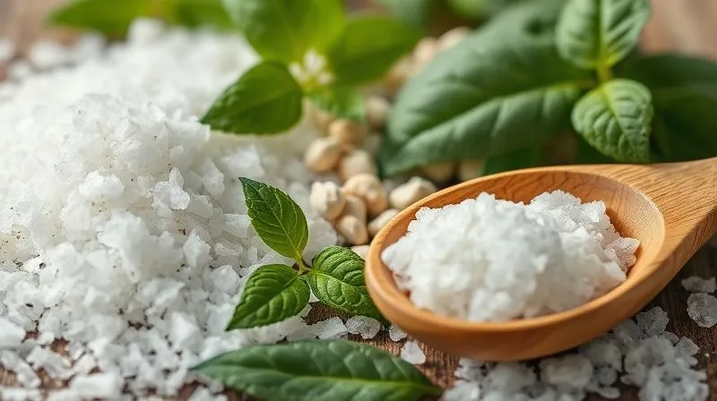 A close-up, photorealistic shot of various natural sweeteners like erythritol crystals, stevia leaves, and date paste arranged aesthetically, with a wooden spoon, 8K, cinematic lighting, sharp focus, depth of field.