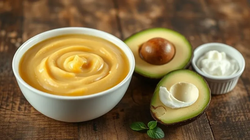 A vibrant, photorealistic image showcasing healthy fat substitutes: a bowl of smooth apple sauce, a creamy avocado half, and a small container of Greek yogurt, arranged on a rustic wooden table, 8K, cinematic lighting, sharp focus, depth of field.