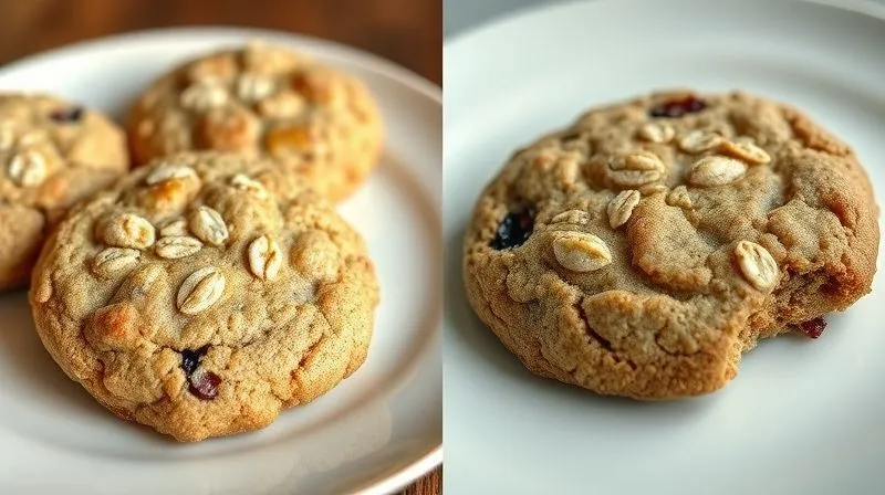 A side-by-side comparison, photorealistic, of two oat cookies: one clearly traditional (rich, golden, slightly greasy) and one visibly lighter and healthier (more rustic, perhaps with visible fruit pieces), presented on elegant plates. 8K, cinematic lighting, sharp focus, depth of field.