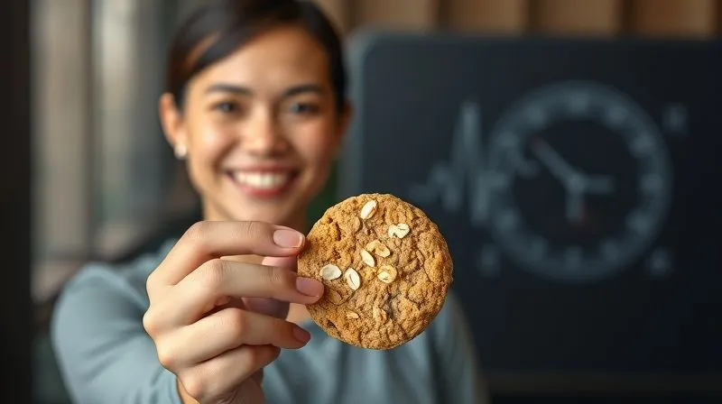 A conceptual, photorealistic image of a person smiling confidently, holding a healthy oat cookie, with a subtle, blurred background showing abstract health indicators like a heart rate monitor or a weight scale, symbolizing positive health outcomes. 8K, cinematic lighting, sharp focus, depth of field.