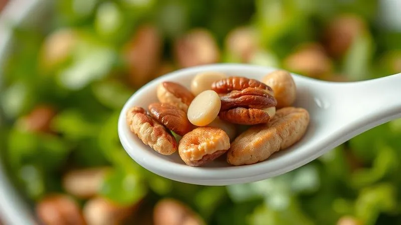photorealistic, professional photography, 8K, cinematic lighting, sharp focus, depth of field, shot on a high-end DSLR. A close-up shot of a small, perfectly measured portion of mixed nuts (walnuts, almonds, pecans) on a white ceramic spoon, contrasted against a blurred background of a fresh green salad. The nuts are visually appealing and clearly portion-controlled, emphasizing moderation and precision in healthy eating.