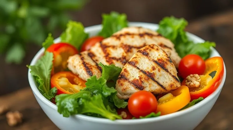 photorealistic, professional photography, 8K, cinematic lighting, sharp focus, depth of field, shot on a high-end DSLR. A beautifully arranged, vibrant and generously portioned salad bowl, featuring grilled chicken breast, a variety of fresh leafy greens, colorful bell peppers, cherry tomatoes, and a precise, small sprinkle of finely chopped walnuts. The salad looks appetizing, healthy, and visually abundant, emphasizing a balanced meal for satiety.