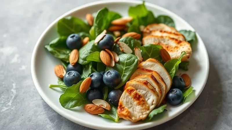 photorealistic, professional photography, 8K, cinematic lighting, sharp focus, depth of field, shot on a high-end DSLR. A beautifully plated individual serving of a vibrant spinach salad with grilled chicken, fresh blueberries, and a sprinkle of perfectly portioned, lightly toasted almond slivers. The salad is presented on a clean, modern white plate, looking fresh, appealing, and perfectly balanced for a healthy diet, with soft natural light highlighting the textures.