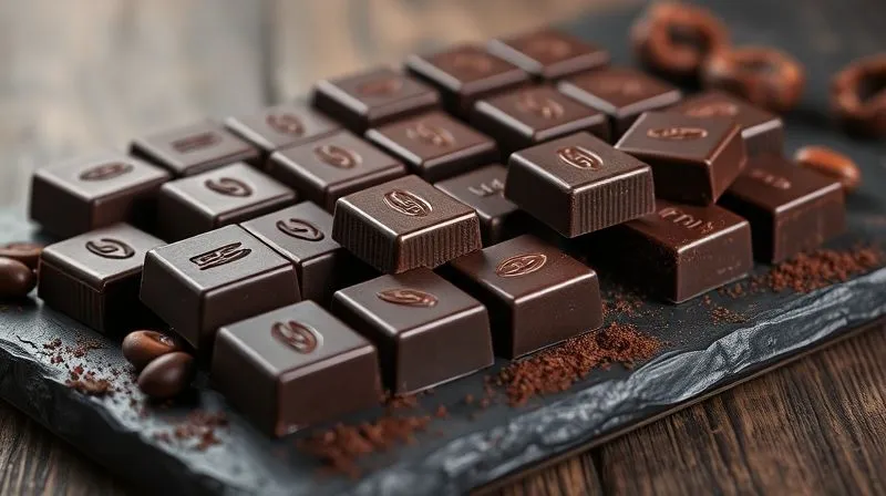 photorealistic, professional photography, 8K, cinematic lighting, sharp focus, depth of field, shot on a high-end DSLR image of various dark chocolate squares, ranging from 70% to 90% cocoa, elegantly arranged on a slate board, with a few cocoa beans scattered around, emphasizing richness and quality.
