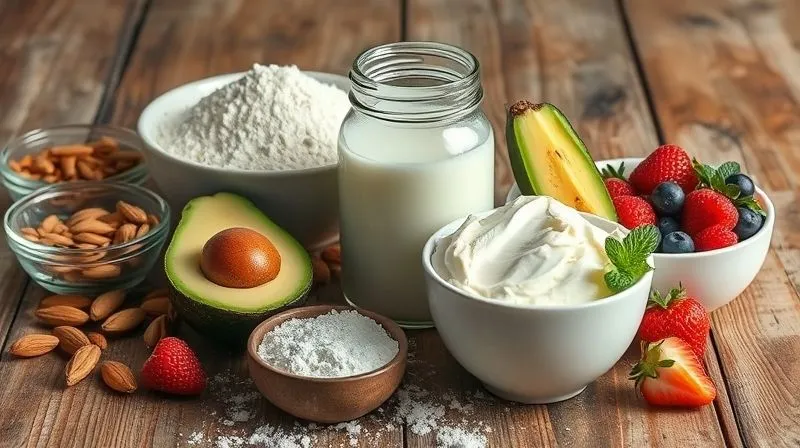 photorealistic, professional photography, 8K, cinematic lighting, sharp focus, depth of field, shot on a high-end DSLR image of various healthy ingredient alternatives for baking, such as a bowl of almond flour, a jar of erythritol, a ripe avocado, Greek yogurt, and a handful of fresh berries, all arranged on a rustic wooden table, suggesting natural and wholesome choices.
