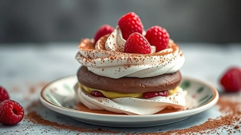 photorealistic, professional photography, 8K, cinematic lighting, sharp focus, depth of field, shot on a high-end DSLR image of a beautifully presented mini dark chocolate meringue cake, featuring layers of light meringue, a creamy avocado-yogurt chocolate filling, and a delicate dusting of cocoa powder and fresh raspberries. The lighting highlights its elegant and healthy appeal.