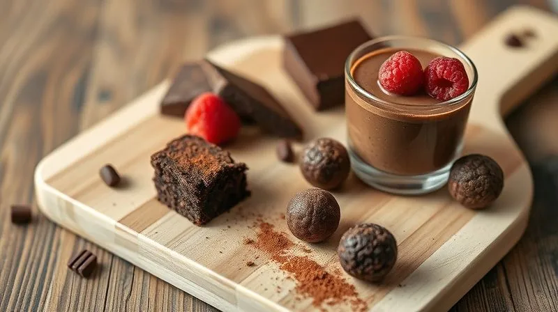 photorealistic, professional photography, 8K, cinematic lighting, sharp focus, depth of field, shot on a high-end DSLR image of a selection of small, healthy dark chocolate desserts, including a mini black bean brownie square, a small glass of avocado chocolate mousse garnished with raspberries, and a few chocolate energy balls dusted with cocoa, arranged on a light wooden board, conveying deliciousness and health.