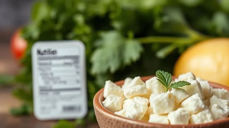A photorealistic image of a perfectly portioned, small bowl of crumbled feta cheese next to a nutrition label, with a subtle, blurred backdrop of fresh, green keto-friendly vegetables. Cinematic lighting, sharp focus on the feta, 8K, high-end DSLR.