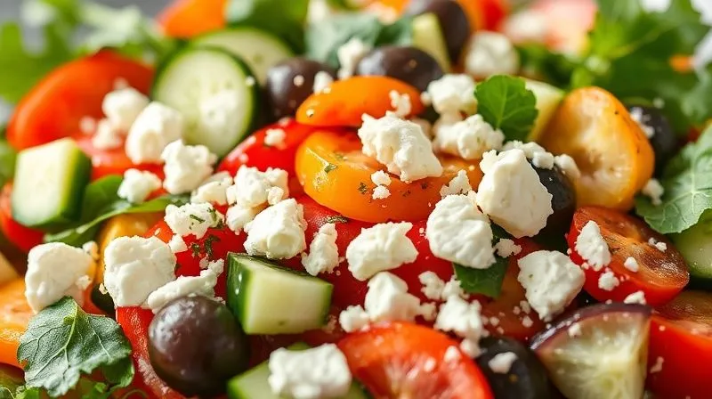 A photorealistic, vibrant close-up of a fresh keto salad with a sprinkle of feta cheese, colorful bell peppers, cucumber, olives, and leafy greens. The focus is on the textures and freshness, with soft natural light, depth of field, 8K, shot on a high-end DSLR.