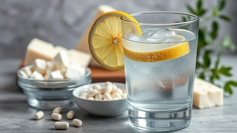 A photorealistic image of a clear glass of water with a slice of lemon, next to a small bowl of various mineral supplements (magnesium, potassium) and a subtle hint of feta cheese in the background. Cinematic lighting, sharp focus on the water and supplements, 8K, high-end DSLR.