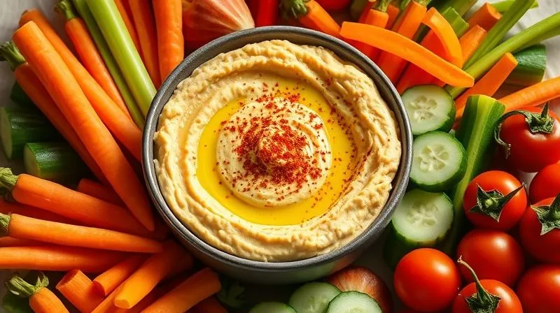 A vibrant bowl of homemade hummus, perfectly smooth and creamy, garnished with a sprinkle of paprika and a drizzle of olive oil. It is surrounded by a colorful, artfully arranged array of fresh, raw vegetables, including crisp carrot sticks, bright green cucumber slices, vivid red and yellow bell pepper strips, crunchy celery stalks, and juicy cherry tomatoes. The scene is illuminated by soft, natural light, emphasizing the freshness, health, and natural beauty of the ingredients. Photorealistic, professional photography, 8K, cinematic lighting, sharp focus, depth of field, shot on a high-end DSLR.