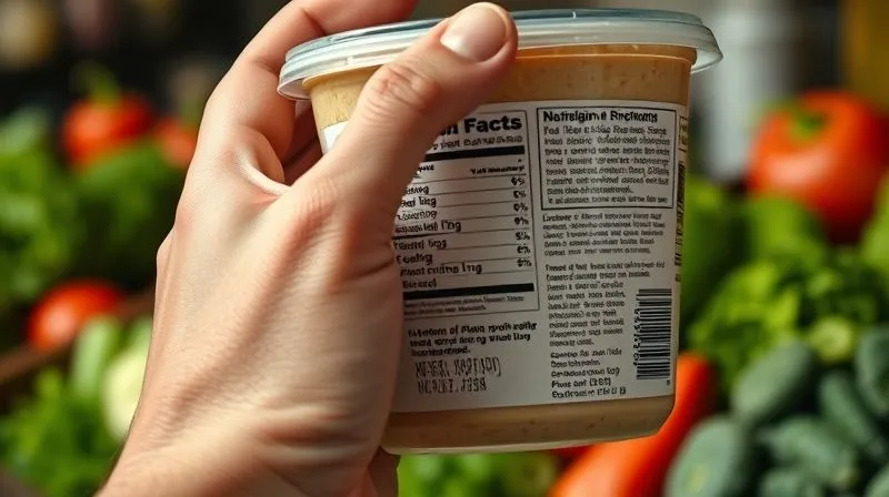A close-up, photorealistic image of a person's hand reaching for a store-bought hummus container, with the nutrition label prominently visible and slightly blurred, emphasizing the act of scrutinizing ingredients. In the background, out of focus, are fresh vegetables. The lighting is harsh and slightly clinical, symbolizing the hidden truths in processed foods. Photorealistic, professional photography, 8K, cinematic lighting, sharp focus, depth of field, shot on a high-end DSLR.