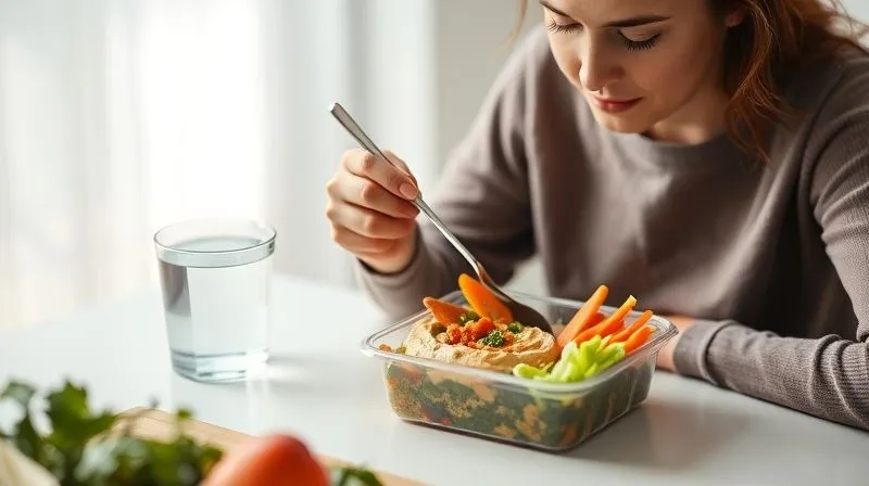 A photorealistic image of a person mindfully eating a lunchbox filled with hummus and vegetables, sitting at a clean, minimalist desk with a glass of water next to it. The person's eyes are focused on the food, showing calm and appreciation. The background is softly blurred, emphasizing the act of mindful eating. Soft, natural light illuminates the scene, creating a serene and healthy atmosphere. Photorealistic, professional photography, 8K, cinematic lighting, sharp focus, depth of field, shot on a high-end DSLR.