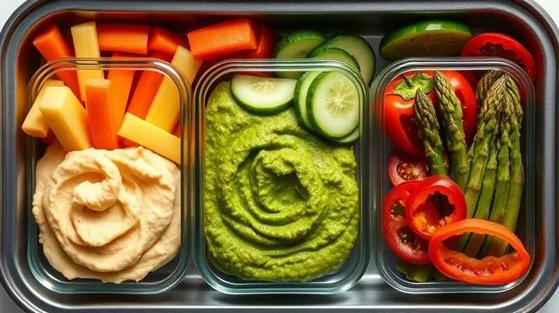 A beautiful, top-down, photorealistic view of a variety of creative hummus and vegetable pairings. One section shows classic hummus with colorful vegetable sticks. Another features a vibrant green spinach hummus with cucumber slices and cherry tomatoes. A third showcases a roasted red pepper hummus with blanched asparagus and bell pepper rings. All elements are artfully arranged in separate, small, clear glass containers within a larger lunchbox, emphasizing freshness, health, and visual appeal. The lighting is bright and natural. Photorealistic, professional photography, 8K, cinematic lighting, sharp focus, depth of field, shot on a high-end DSLR.