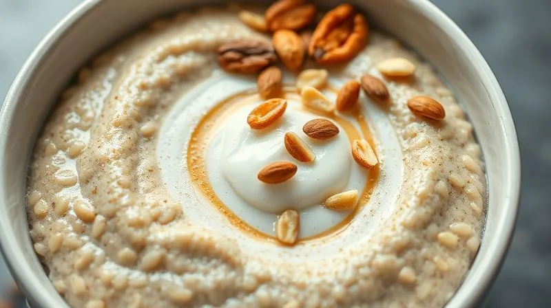A close-up of a perfectly portioned bowl of millet porridge, with clearly visible layers of protein (e.g., skyr swirl), complex carbs (millet), and healthy fats (e.g., scattered nuts and seeds), artfully arranged to represent nutritional balance and appeal. Photorealistic, professional photography, 8K, cinematic lighting, sharp focus, depth of field, shot on a high-end DSLR.