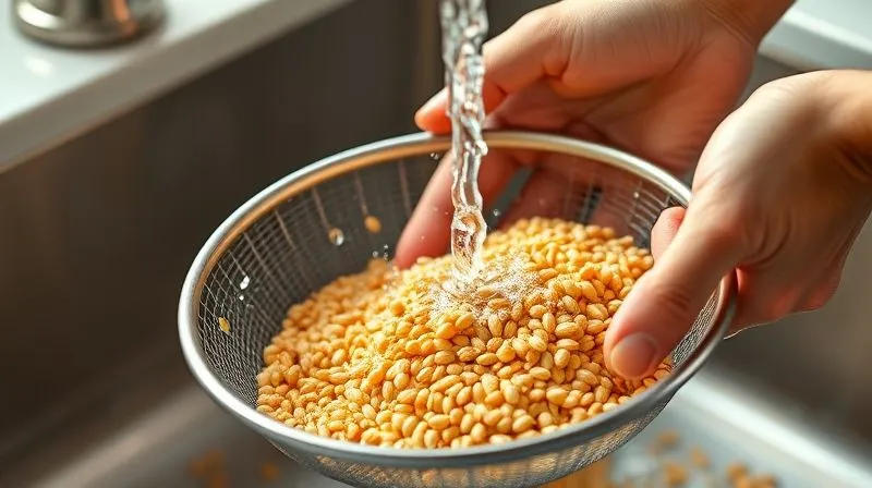 A person's hands gently rinsing golden millet under a stream of cold water in a fine mesh sieve, with water droplets sparkling. The background is a clean, modern kitchen sink. Photorealistic, professional photography, 8K, cinematic lighting, sharp focus on the millet, depth of field blurring the background, shot on a high-end DSLR.