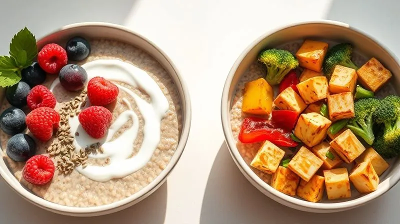 Two contrasting, beautifully styled bowls of millet porridge: one sweet, vibrant with fresh berries, a swirl of white protein skyr, and a sprinkle of chia seeds; the other savory, featuring roasted colorful vegetables (broccoli, bell peppers), cubes of golden-brown tofu, and fresh herbs. Both bowls are presented on a clean, light surface with soft, natural light. Photorealistic, professional photography, 8K, cinematic lighting, sharp focus, depth of field, shot on a high-end DSLR.