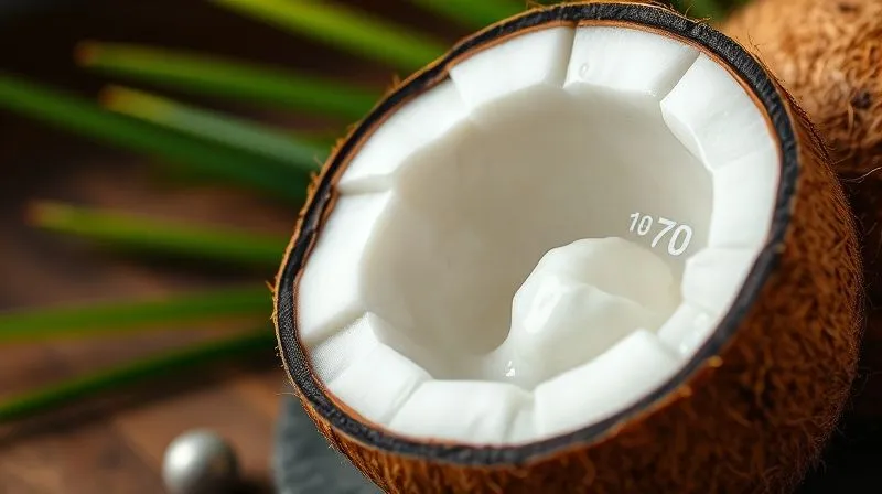 Photorealistic close-up of a fresh coconut cut open, showing its creamy white flesh and clear water, with a subtle overlay of calorie numbers, professional photography, 8K, cinematic lighting, sharp focus, depth of field, shot on a high-end DSLR.