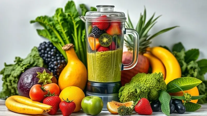 A vibrant, photorealistic composition of various fresh fruits and leafy green vegetables, artfully arranged around a blender, symbolizing healthy ingredients for a smoothie. Professional photography, 8K, cinematic lighting, sharp focus, depth of field, shot on a high-end DSLR.