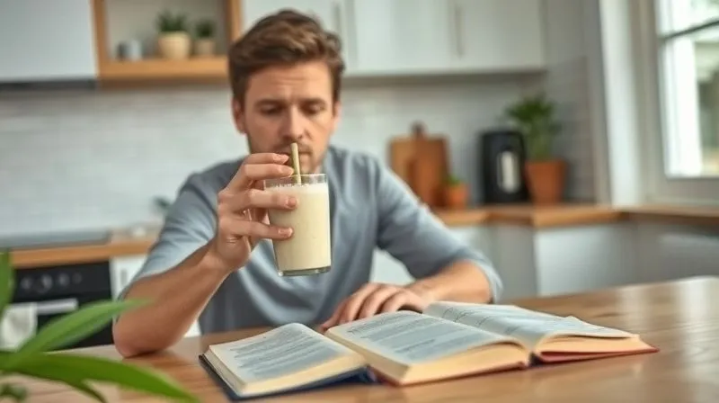 A photorealistic image of a person mindfully sipping a fresh coconut smoothie in a bright, minimalist kitchen, with a journal open beside them, suggesting planning and reflection. Professional photography, 8K, cinematic lighting, sharp focus, depth of field, shot on a high-end DSLR.