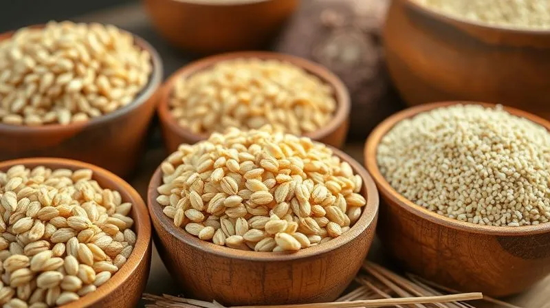 A close-up, photorealistic image of various types of raw grains – buckwheat (gryka), barley (j?czmie?), and quinoa – beautifully arranged in separate small wooden or ceramic bowls, with soft natural light highlighting their distinct textures and colors. The composition evokes a sense of natural abundance, wholesome goodness, and healthy choice. Professional photography, 8K, cinematic lighting, sharp focus on the grains, depth of field blurring a rustic kitchen background, shot on a high-end DSLR, inviting and educational.