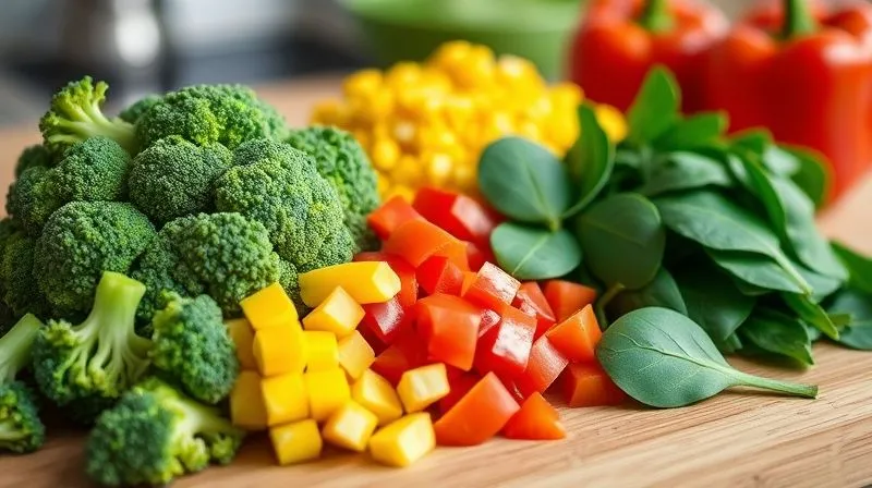 A vibrant, photorealistic image of a colorful medley of fresh, chopped vegetables – bright green broccoli florets, red bell peppers, yellow corn, and dark green spinach – artfully arranged on a wooden cutting board, ready to be added to a meal. The scene is bathed in soft, natural light, emphasizing freshness and health. Professional photography, 8K, cinematic lighting, sharp focus on the vegetables, depth of field blurring a kitchen background, shot on a high-end DSLR, conveying vitality and a healthy lifestyle.