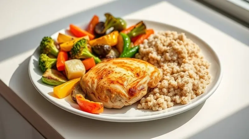 A perfectly portioned meal on a pristine white ceramic plate, visually divided into distinct sections: a generous serving of colorful roasted vegetables (such as broccoli, bell peppers, and zucchini), a precisely cooked, golden-brown chicken breast, and a smaller, neat mound of fluffy buckwheat kasza. The composition is aesthetically pleasing and balanced, with soft, inviting natural light. Photorealistic, professional photography, 8K, cinematic lighting, sharp focus on the food, depth of field blurring a clean, minimalist table background, shot on a high-end DSLR, conveying balance, health, and mindful eating.